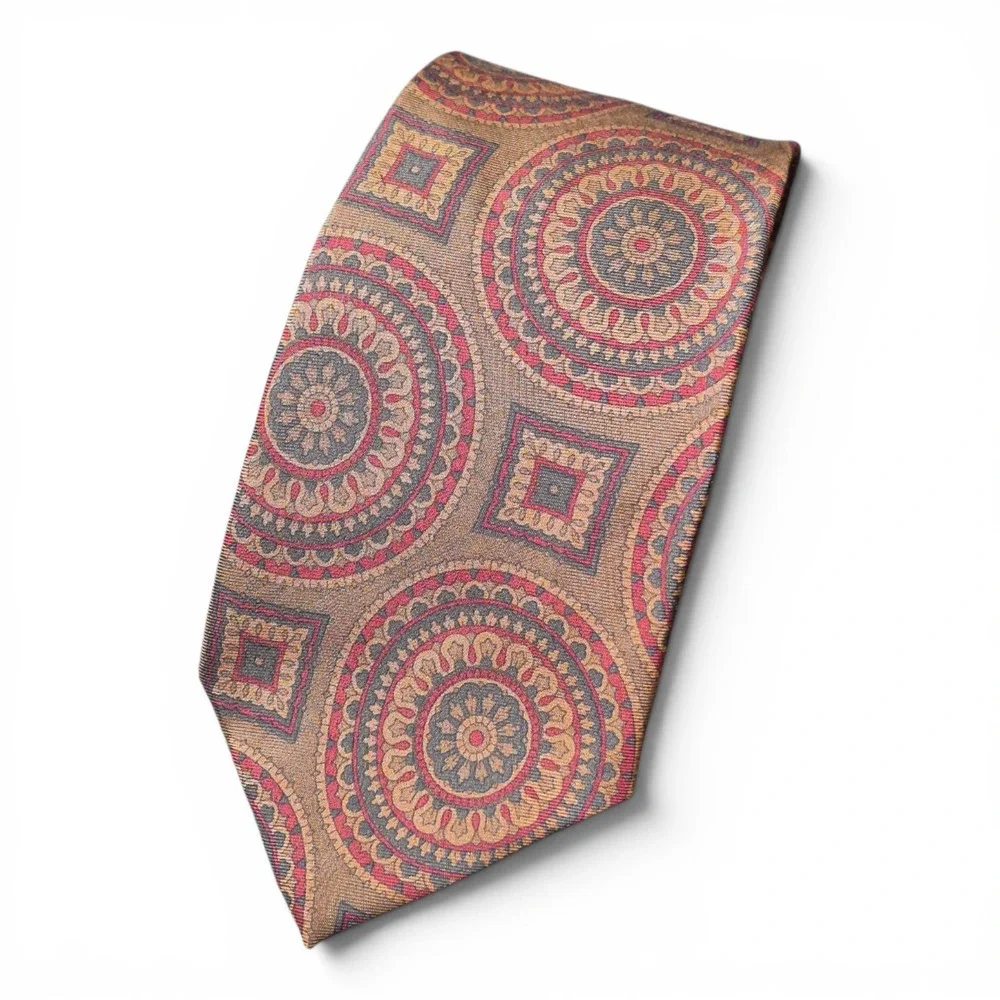 VTG Burberrys London Men's Silk Medallion Necktie Brown‎ Red Blue USA
